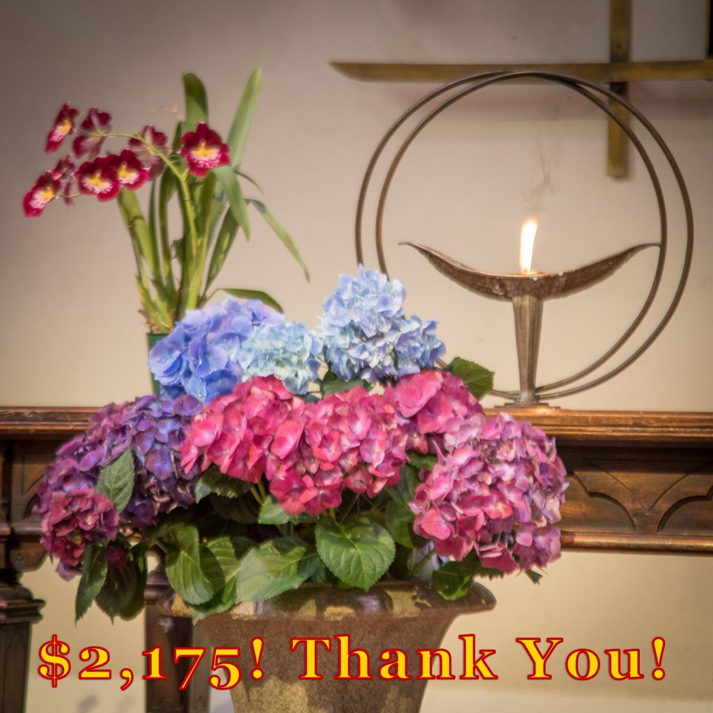 Flowers in front of a Flaming Chalice with "$2,175! Thank You!" text